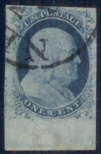 US #9, 1¢ blue, type IV, used, HUGE margin copy, XF+, Miller certificate