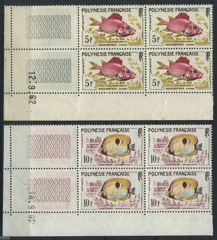 B3c French Polynesia 1962, Fish 5 and 10 Fr  MNH cornerblocks with Printingdate