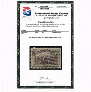 EXCEPTIONAL GENUINE SCOTT #231 F-VF USED 1893 COLUMBIAN EXPOSITION PSE CERT