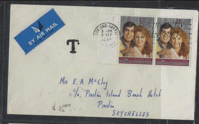 SEYCHELLES  COVER (P1002B)1986 QEII 12P PR ON A/M COVER TAXED ENGLAND TO PRASLIN