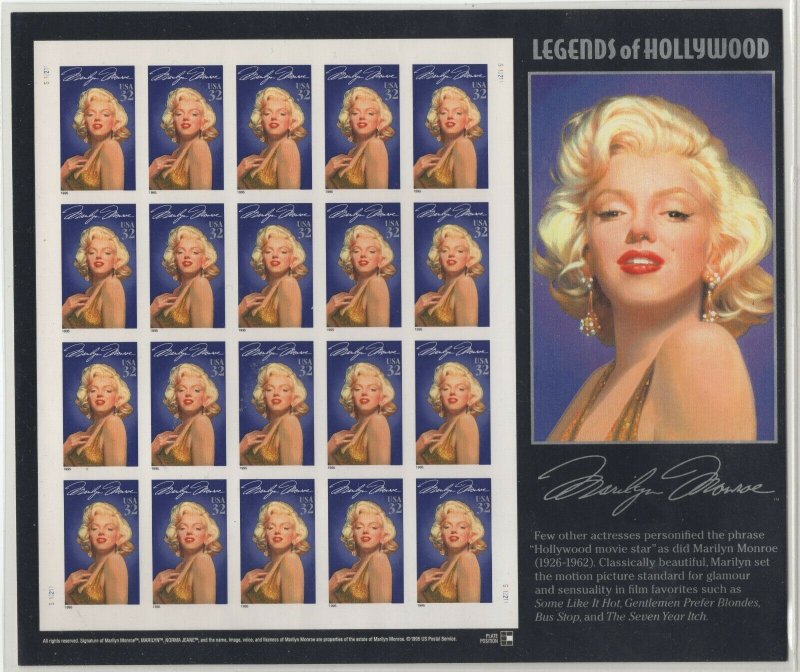 #2967a Marilyn Monroe Imperf Sheet, XF NH, Light Fingerprint on Gum  (GD 7/9)