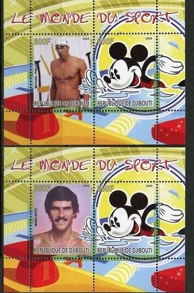 Djibouti 2008 2 M/S Disney Cartoon Swimming People Sports Phelps Stamps MNH perf