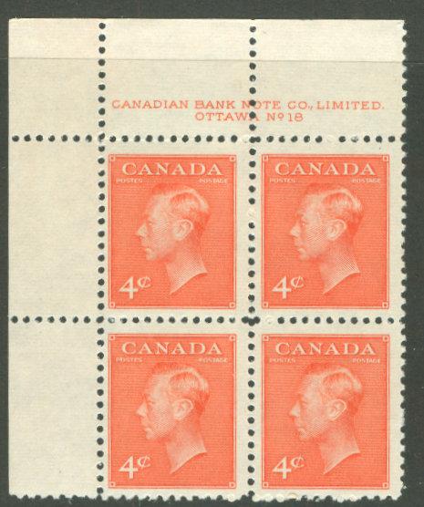 Canada # 306 George VI - 4c Plate Blk/4  #18-UL (1) Mint NH 