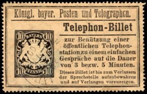Vintage Germany Royal Bavarian Posts And Telegraphs 10 Pfennig Telephone Ticket