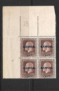  SAMOA  1916  3d    KGV    MNH   PLATE BLK   4  #18 P14x13 1/2   SG 140