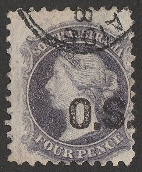 SOUTH AUSTRALIA 1874 OS on QV 4d, wmk large star, perf 10. 10 genuine recorded.