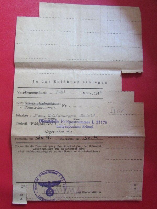 Rare 1944 German Signed Soldier's ration sheet Rudolph Wolfsberger in Brussels 