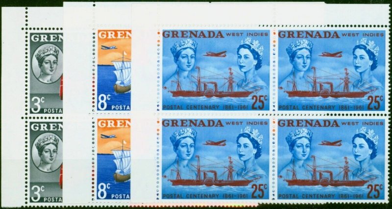 Grenada 1961 Postal Centenary Set of 3 SG208-210 in V.F MNH Corner Blocks of 4