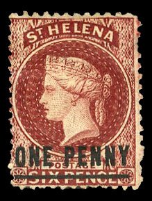 St. Helena #11 Cat$70, 1864 1p on 6p brown red, hinged