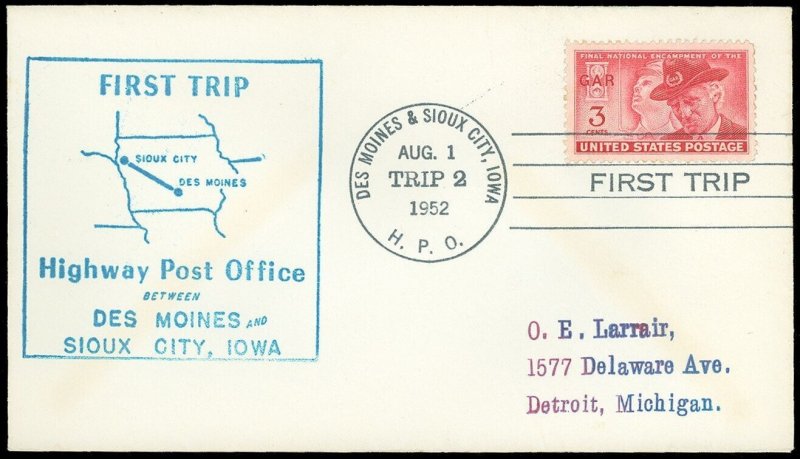 8/1/52 TRIP 2 HPO HIGHWAY POST OFFICE Cachet COVER, Des Moines, Sioux City IOWA!