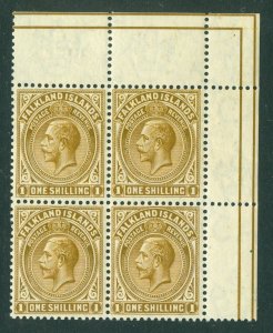 SG 48 Falklands 1904-12. 1/- brown. Unmounted corner marginal block of 4...