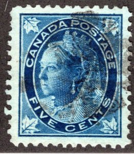 70 Scott - 5c dark blue, VF, Used, 1897, QV Maple Leaf Issue, Canada Postage St