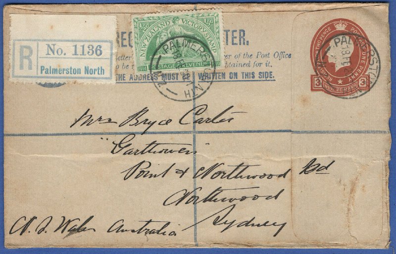 NEW ZEALAND 1913 3d KGV Used Reg. Envelope PALMERSTON NORTH > Sydney