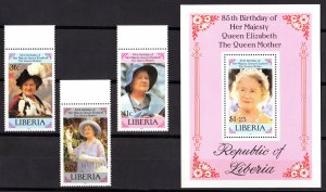 Liberia 1995 Sc#1037/1040 QUEEN MOTHER 85th.BIRTHDAY Set + S/S PERFORATED  MNH