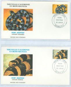 New Caledonia 489-490 1983 31f + 33fr snakes on two unaddressed cacheted FDC