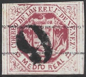 Venezuela 1876-77 Arms 1/2r Rose #47b Inverted Ovpt VF Used CV $7.50-