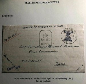 1943 Bombay India Camp censored POW Italian Prisoner of War Cover to Rome Italy