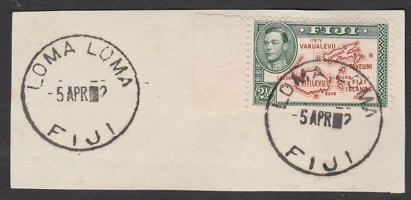 FIJI 1942/52 GVI 2½d on piece - LOMA LOMA cds - year only showing '2'.......L530