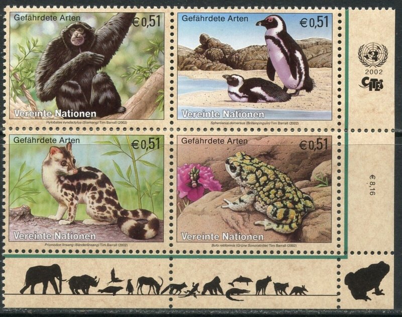 UNITED NATIONS Sc#NY 818-821 GE 386-389 VI 308-311 2002 Endangered Species MNH