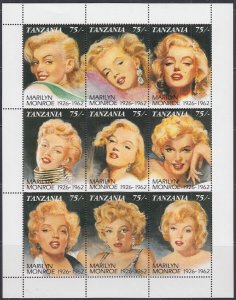 TANZANIA Sc # 809a-i MNH SHEET of 9 DIFF of MARILYN MONROE