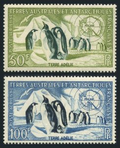 FSAT C1-C2, lightly hinged. Michel 8-9. Emperor Penguins, Map. 1956.