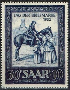 Saar 1952,Sc.#B91 MNH   Stamp exhibition IMOSA: Riding postman, woman and child