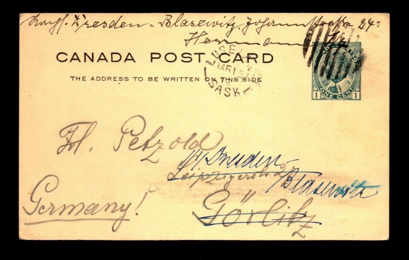 Canada 1912 Luseland SASK Crisp Cancel Card to Poland -> Germany - L27889