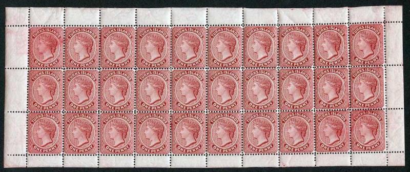 TURKS ISLANDS SG64b/c 1d Pale Rosy lake Wmk CA SHEET inc Throat and Neck Flaw