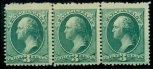 US #207 3¢ green, strip of 3, og, NH, small inclusion, Scott $675.00