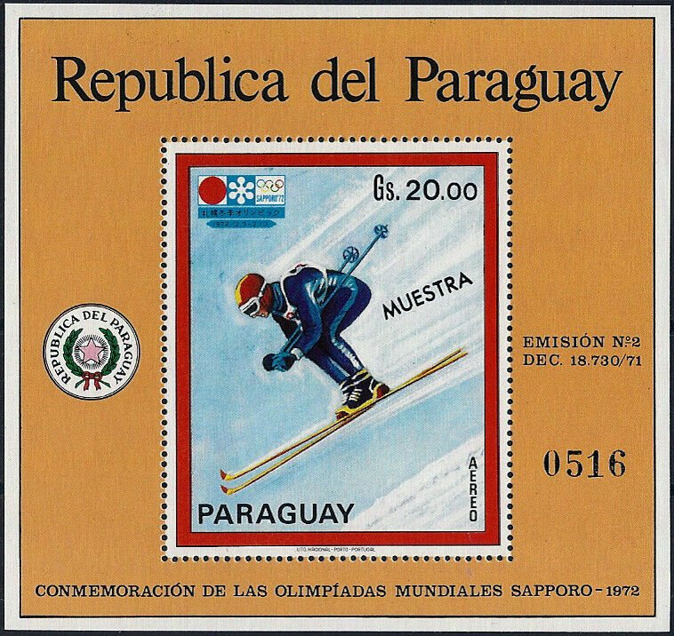 1971 Paraguay Olympics Sapporo, Downhill, Sheet Nr. 170 MUESTRA VF/MNH! 