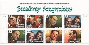 1999 Broadway Songwriters Plate Block of 8 33c Stamps, w/Top Label, Sc#3345 MNH