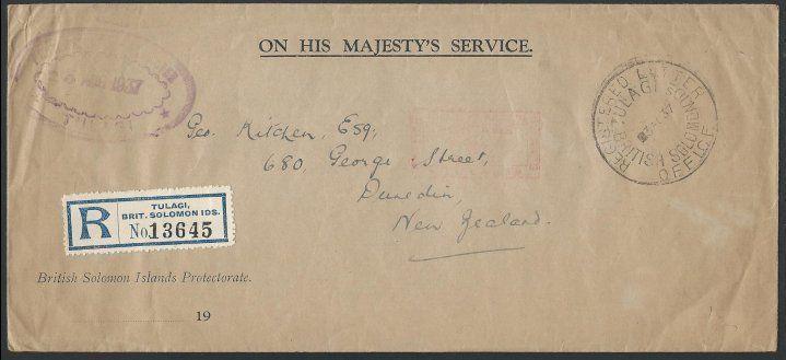 SOLOMON IS 1937 Registered OHMS cover REGISTERED LETTER TULAGI cds to NZ...12727