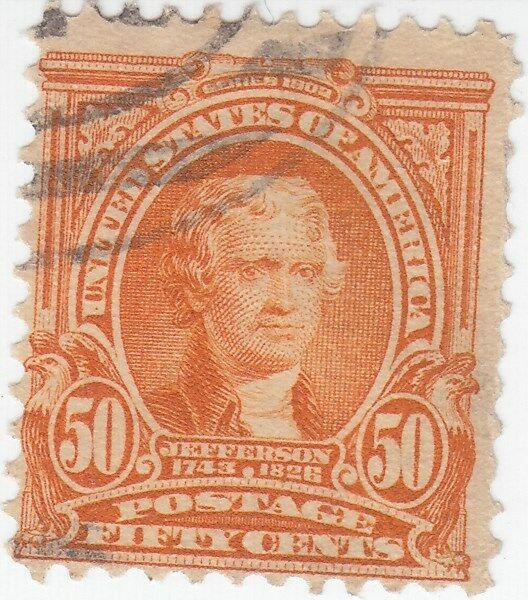 Scott #310 - 50c Orange - Jefferson - Used - SCV - $35.00