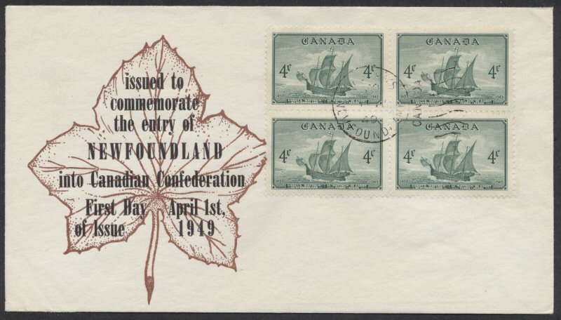 1949 #282 Newfoundland FDC Block Sanders Cachet Flat Print St John's Duplex