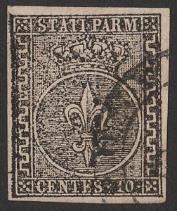 ITALY - Parma 1852 Arms 10c black on white. Sass 2 cat €300