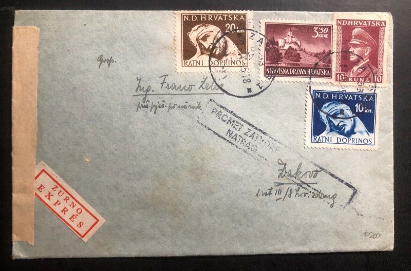 1944 Zagreb Croatia German Occupation WW2 Censored Express Cover To Dakovo