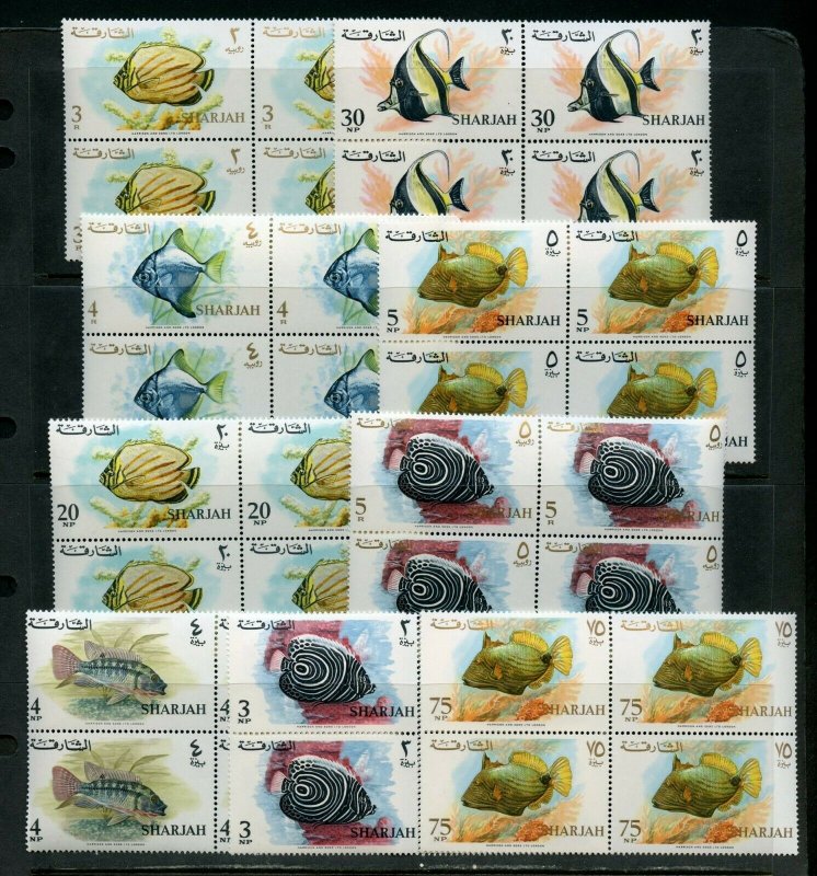 SHARJAH  FISH COMPLETE 17 VALUES SET OF BLOCKS MINT NEVER HINGED