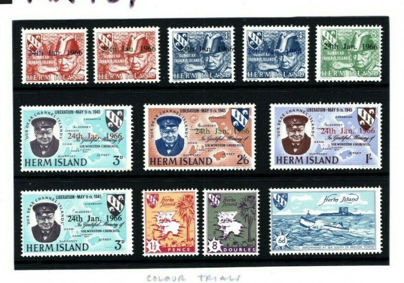 GB LOCALS Channel Islands HERM Churchill COLOUR TRIALS/PROOFS 1959-66{12} MA437 