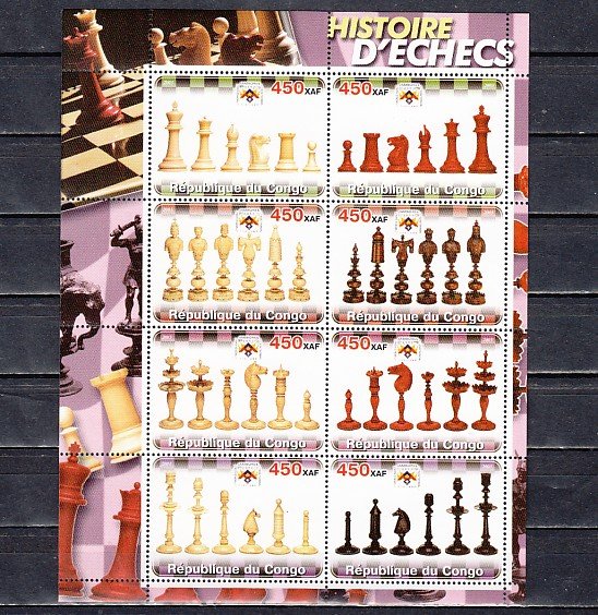 Congo Rep., 2003 Cinderella issue. History of Chess sheet #3. ^