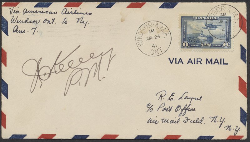 1941 June 24 American Airlines Windsor Ont AMF to New York Cover #4113