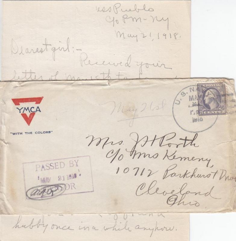 1918, USS Pueblo, ACR-7 to Cleveland, OH W/Letter, Censored (N4153)