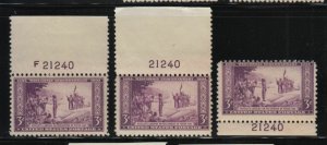 1934 Wisconsin Tercentenary 3c purple Sc 739 MNH matched plate number 21240 (D