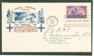 US 898 1940 3c Coronado Southwest Expedition 400th Anniversary on an address FDC with a cachet from an Unknown Publisher