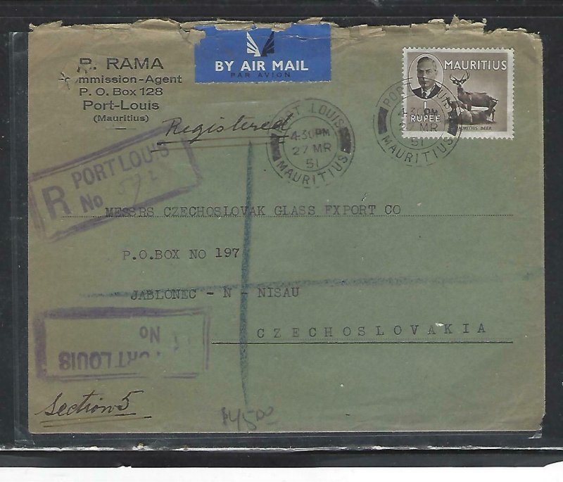 MAURITIUS COVER (P1311B) 1951 KGVI 1R DEER REG COVER TO CZECHOSLOVAKIA