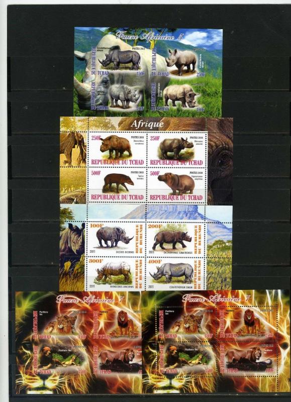 CHAD 2010-2012 FAUNA/AFRICAN ANIMALS 5 SHEETS  OF 4 STAMPS PERF.& IMPERF.MNH 