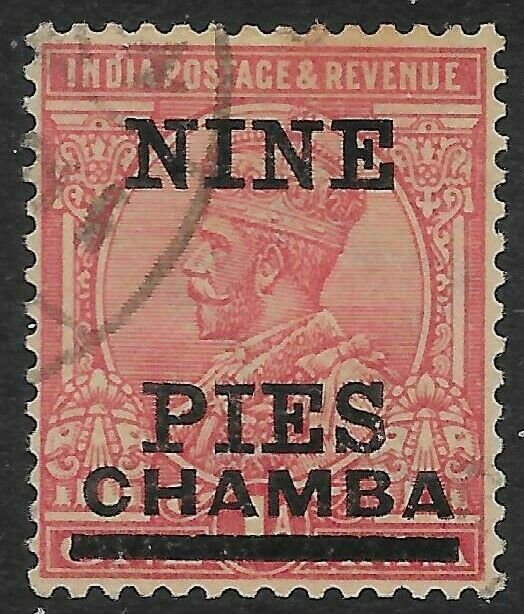 INDIA-CHAMBA SG54 1921 9p ON 1a ROSE-CARMINE USED