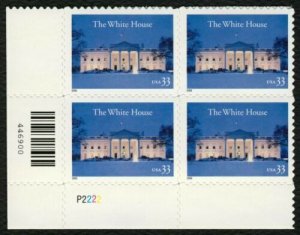 2000 The White House Plate Block of 4 33cPostage Stamps, Sc# 3445, MNH, OG