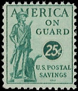 U.S. Scott # PS12  1941 25c grn  Minute Man ; Inscr. AMERICA ON GUARD mint-nh...