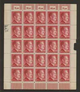 Germany 1942 Hitler Head 3Rm perf 12 1/2 sg.801 sheet of 25 margin faults    MNH