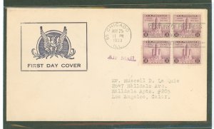 US 729 1933 3c Century of Progress (perforated sheet stamp - block of four) on an addressed (typed) FDC with a generic cachet an